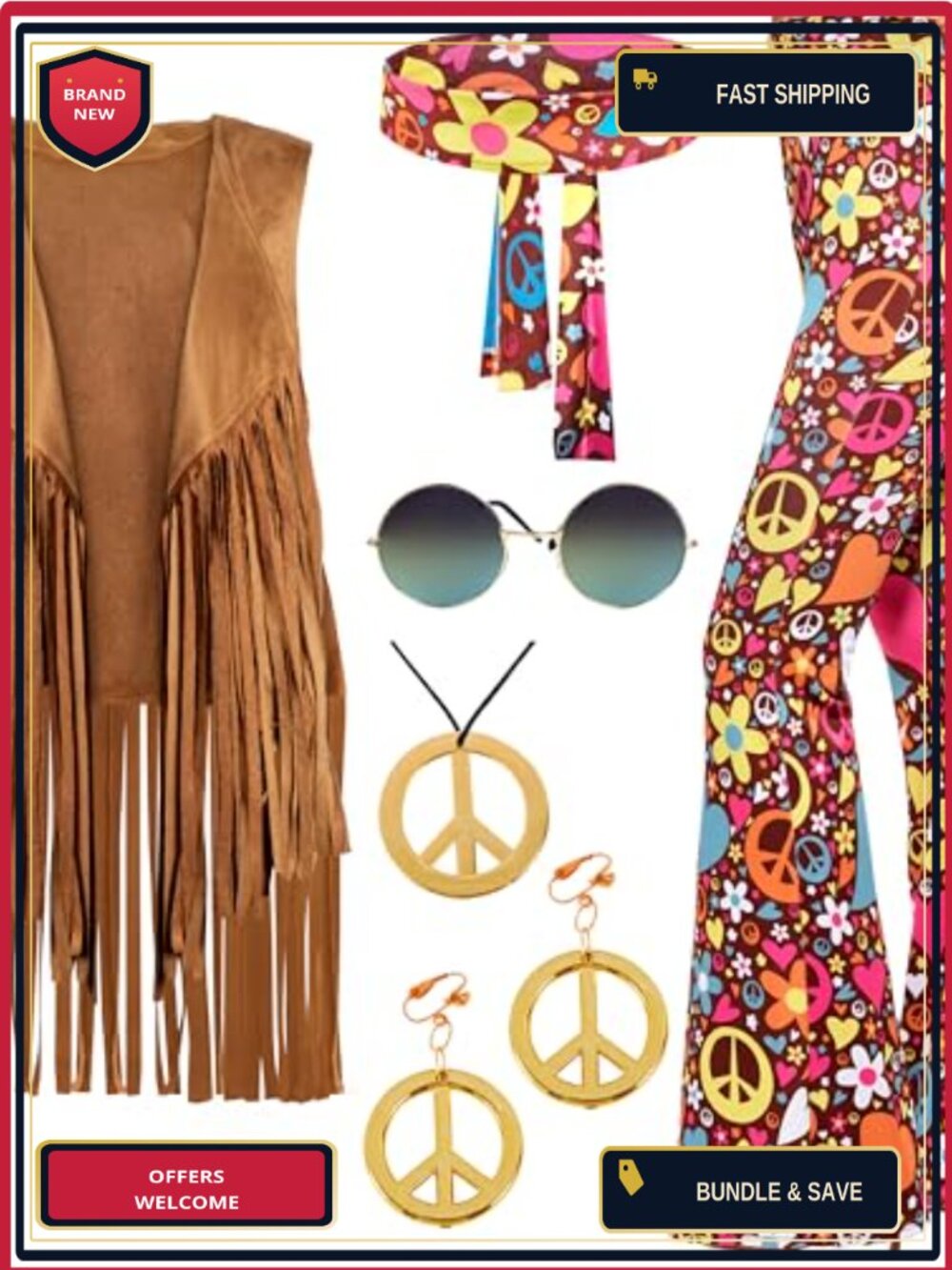 Hippie Costume Set Vest Pants Bandana Necklace Earrings Glasses 60s